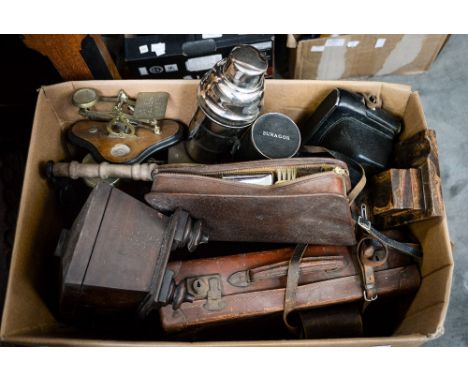 A collection of curios to include scales, camera, caddy, cocktail shaker and other various (1 box) 