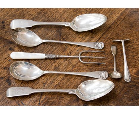 A pair of silver salad servers, Chester 1906, with two silver serving spoons, a child's food pusher, a silver fish fork with 