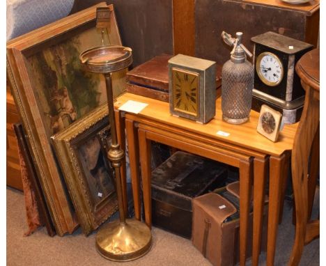 Black slate cased mantel clock, vintage soda syphon, brass smoker's companion, pictures etc   Condition: 