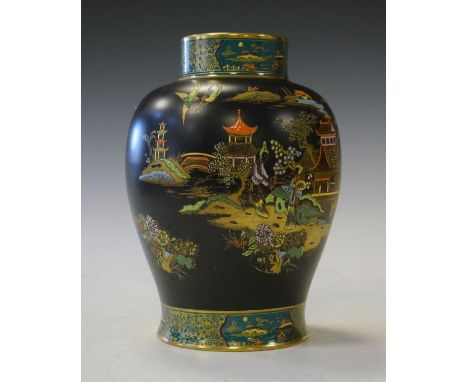 Carlton Ware baluster shaped vase decorated with a chinoiserie lakeland landscape on a black ground   Condition: 