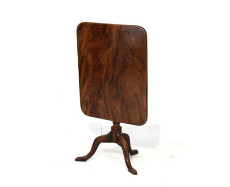 19th Century mahogany rectangular snap-top supper table standing on a turned pillar and tripod base   Condition: 