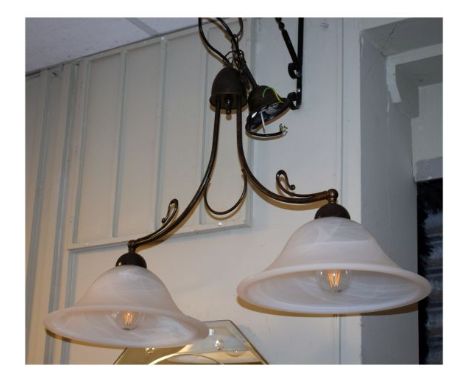 Modern wrought metal ceiling light fitting having mottled glass shades together with three some-what similar wall lights   Co