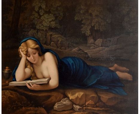 Coloured print - Lady lying in a wooded landscape and reading from a book, in a decorative gilt frame, 31cm x 40cm Condition:
