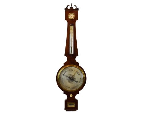 19th Century mahogany wheel barometer by W.Gilbert of London having a swan neck pediment, engraved silvered dial, scale, leve