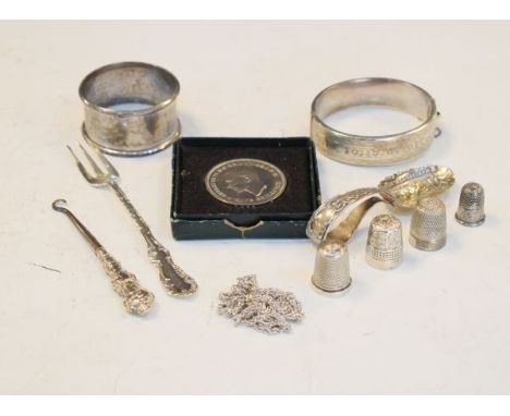 Various silver items including napkin ring, spoon, bangle etc, together with a small quantity of other items   Condition: 