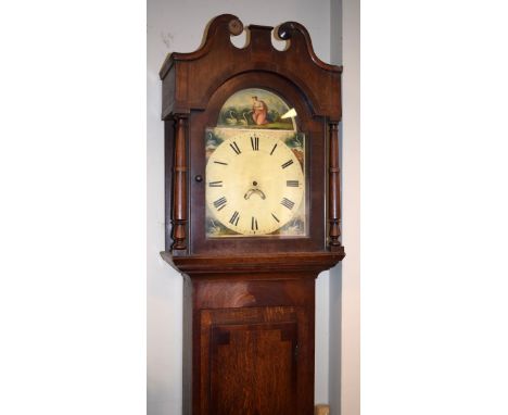 19th Century mahogany and oak long case clock, the hood with swan neck pediment, arch shaped glazed door flanked by turned pi