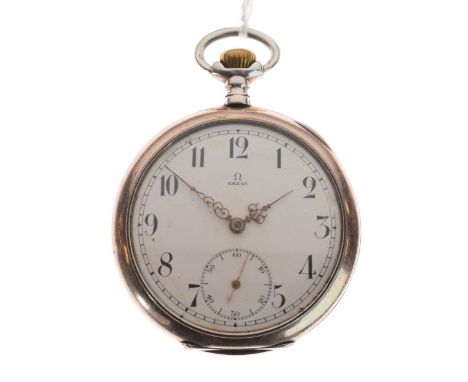 Omega - White metal cased top wind pocket watch, the white enamel dial with Arabic and Roman numerals and with subsidiary sec