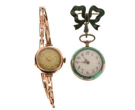 Lady's 9ct gold cased wristwatch together with a silver and green enamel cased lady's fob watch   Condition: 