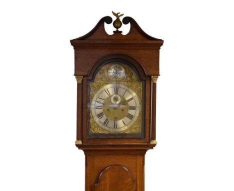 George III oak longcase clock by George Washbourn of Gloucester, the hood with swan neck pediment, arch shaped glazed door fl
