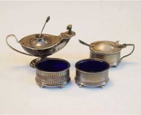 George V silver cigar lighter in the form of an oil lamp, Birmingham 1926, together with a pair of George V silver salts, eac