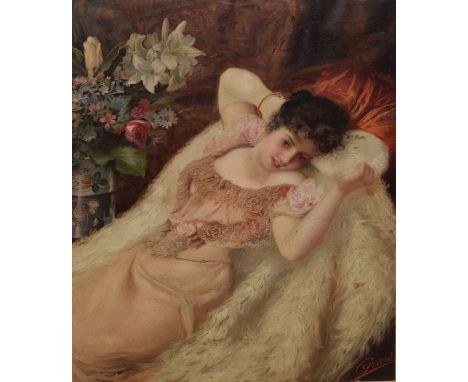 Vintage Pears print - A lady reclining on a chaise longue, 44cm x 33cm, framed and glazed   Condition: 