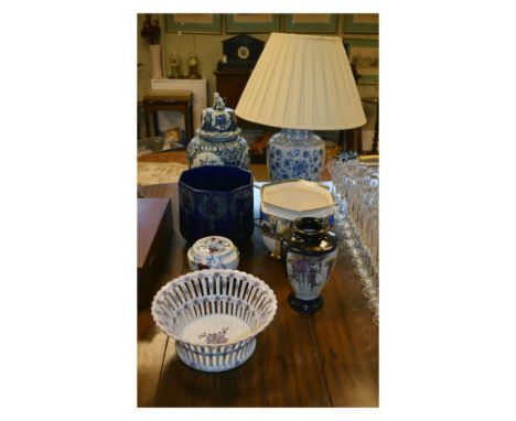 Two pottery jardinières, large blue and white ovoid jar and cover, table lamp, Satsuma vase etc   Condition: 