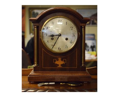 Early 20th Century inlaid mahogany cased mantel clock, the silvered dial with Arabic numerals   Condition: 