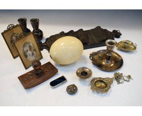 Interesting miscellanea including serpentine vases, carved roller blotter, letter rack, ostrich egg, etc   Condition: 
