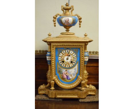 19th Century French gilt spelter and porcelain mantel clock, Sevres style porcelain dial with Roman numerals and typical deco