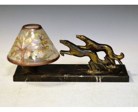 Art Deco design figural table lamp formed as two hounds, clear crackle glass shade with painted floral decoration, standing o