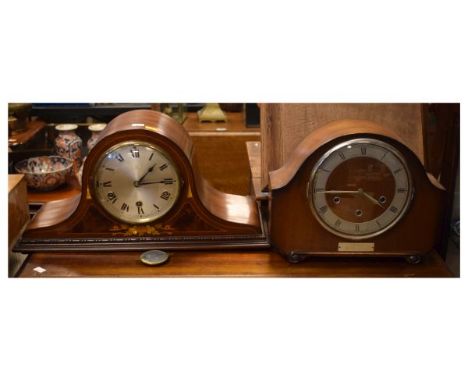 Inlaid mahogany mantel clock, together with a 1950's period walnut cased mantel clock   Condition: 