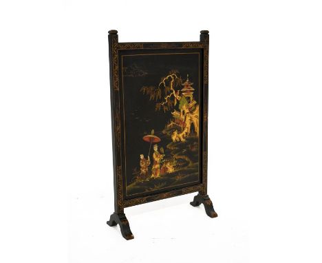 Early 20th Century black lacquered fire screen having chinoiserie style polychrome decoration depicting figures in a landscap