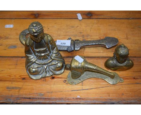 Mixed Lot: Brass Buddha figures, elephant door knocker etc