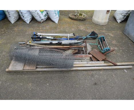 Garden tools, chicken wire, fence posts etc