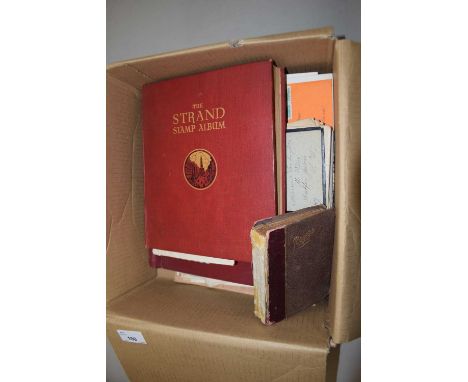 Box of various junior stamp albums, assorted vintage ephemera, legal documents, covers, a small album of miniature pictures o