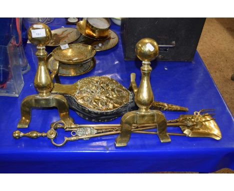 Brass fire tools, fire dogs and bellows