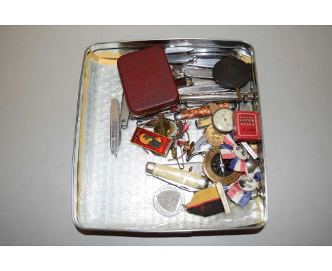 Box of various assorted pocket knives, commemorative medals,  modern compass etc