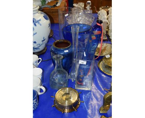 Mixed Lot: Various glass vases, blue glass rolling pin, small barometer etc