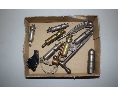 Box of various assorted vintage whistles and other items