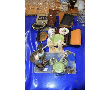 Mixed Lot: Dressing table set, various cruet items, cutlery, travel clock, ornaments etc