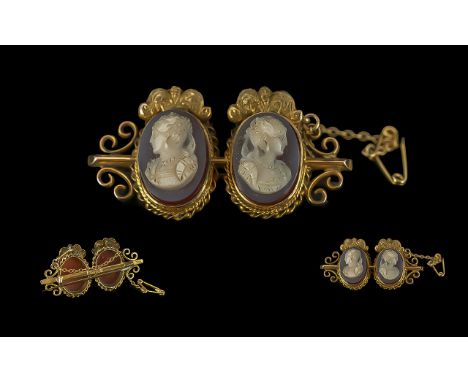 Mid Victorian Period - Quality Ladies 9ct Gold Double Portrait Cameo Set Brooch, Excellent Detailed Carvings, Stamped 9ct, Ma