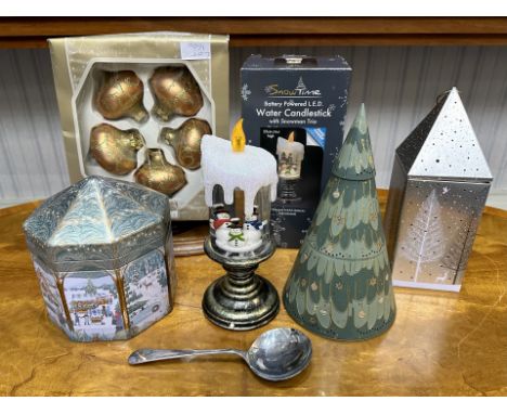 Collection of Christmas Decorations, some boxed, to include warm light LEDs, parachute Santa, baubles, tree stand, etc.
