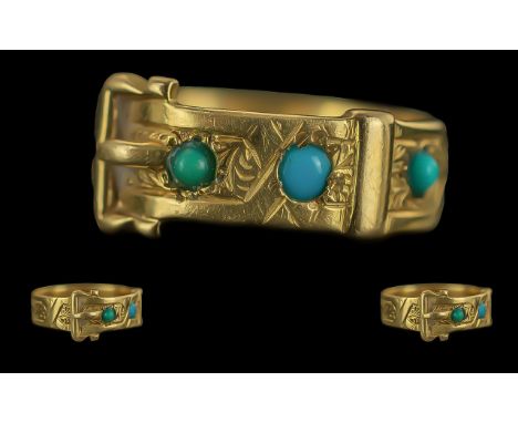 Victorian Period 1837 - 1901 Ladies 18ct Buckle Ring, Set with Turquoise Stones and Ornate Shank. Full Hallmark for London 18