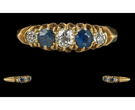 Antique period Ladies 18ct Gold Sapphire and Diamond Set Ring - Full Hallmark To Interior Of Shank. Sapphires &amp; Diamonds 