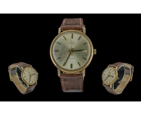 Vertex Revue Gents Automatic 9ct Gold Cased Just-Date Wrist Watch - Circa 1960's With later Leather Watch Strap. Working At T