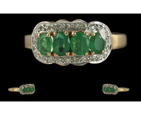 Ladies Attractive 9ct Gold Emerald and Diamond Set Ring, Marked 9ct to Interior of Shank. The Emeralds of Good Colour with Di
