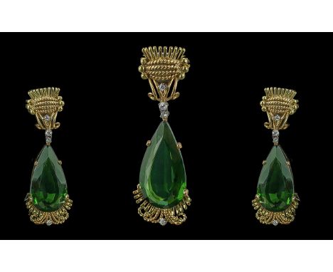 A Stunning Quality and Impressive 18ct Gold Large Tear Drop Green Tourmaline Set Brooch, Also Set with Small White Diamonds o