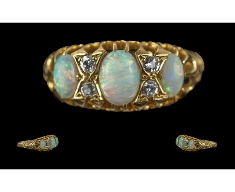 Edwardian Period 1901 - 1910 Ladies Attractive 18ct Gold Opal and Diamond Set Ring, in a raised openwork setting, full hallma