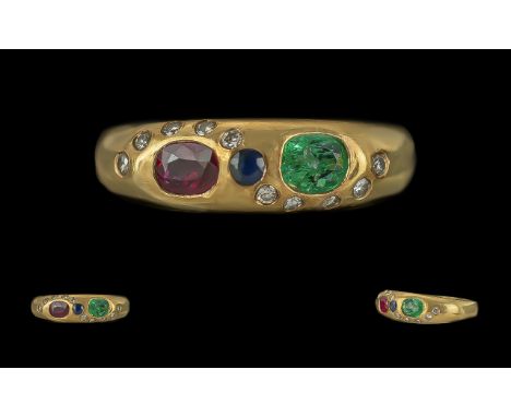 Ladies Pleasing Quality 18ct Gold Ring Set With Emerald Ruby Sapphire and Diamonds. pave set, all gems of excellent natural c