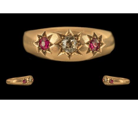 9ct Rose Gold Gypsy Ring set with and old-cut fancy yellow diamond flanked by R/C rubies with stylish box. Diamonds 0.25ct ap