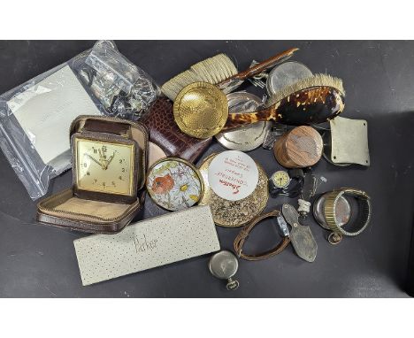 Box of Collectibles, including a Parker fountain pen, boxed,  Stratton compacts, pocket watches, wristwatches, vintage clothe