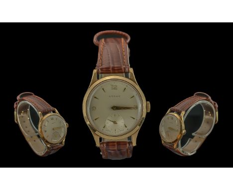 Garrard - Gents Quality 9ct Gold Cased Mechanical Wrist Watch. c.1950's. Features White Dial, Subsidiary Dial, Gold Marker, M