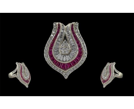 Ladies Superb Quality 18ct White Gold Ruby and Diamond Set Dress Ring of wonderful shape and design, full hallmark to interio