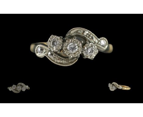 Antique 18ct Gold & Platinum Three Stone Diamond Ring, twist design with diamond set shoulders.  Circa 1920's.  Weight 3.49 g