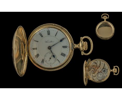 14ct Gold Hamilton Full Hunter Pocket Watch, white enamel dial, Roman numerals and subsidiary seconds.  Movement stamped Hami