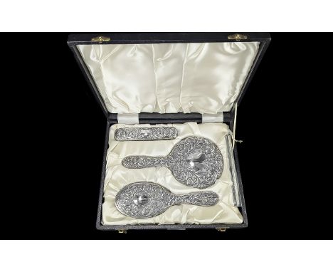 Sterling Silver Ornate Ladies Brush Set, Includes Comb, Mirror + 2 Brushes, All Stamped for Silver, Complete Set In Original 