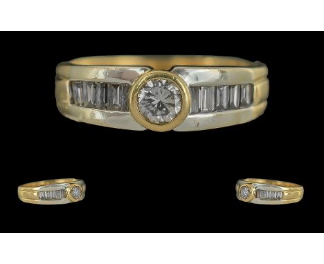 Ladies 18ct Two Tone Contemporary Gold Diamond Set Ring, Full Hallmark to Interior of Shank, The Central Round Brilliant Cut 