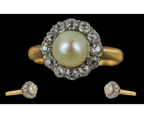 18ct Antique Pearl &amp; Diamond Cluster Ring, central pearl 6 mm, surrounded by round cut diamonds.  Est. diamond weight .50