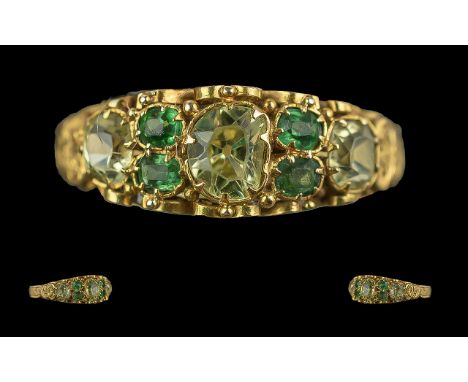 Antique Period Ladies 15ct Gold Ornate Peridot Set Ring, Well Designed Setting. Full Hallmark to Interior of Shank, Date 1881