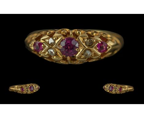 Edwardian Period 18ct Gold Ladies Ruby and Diamond Set Ring, Pleasing Design / Setting. Full Hallmark for Chester 1909 -18ct.